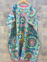 Sea green Warli print silk blend floral kaftan